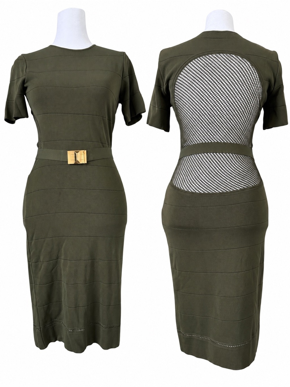 PUCCI Olive Green Cutout Belted Sheath Dress